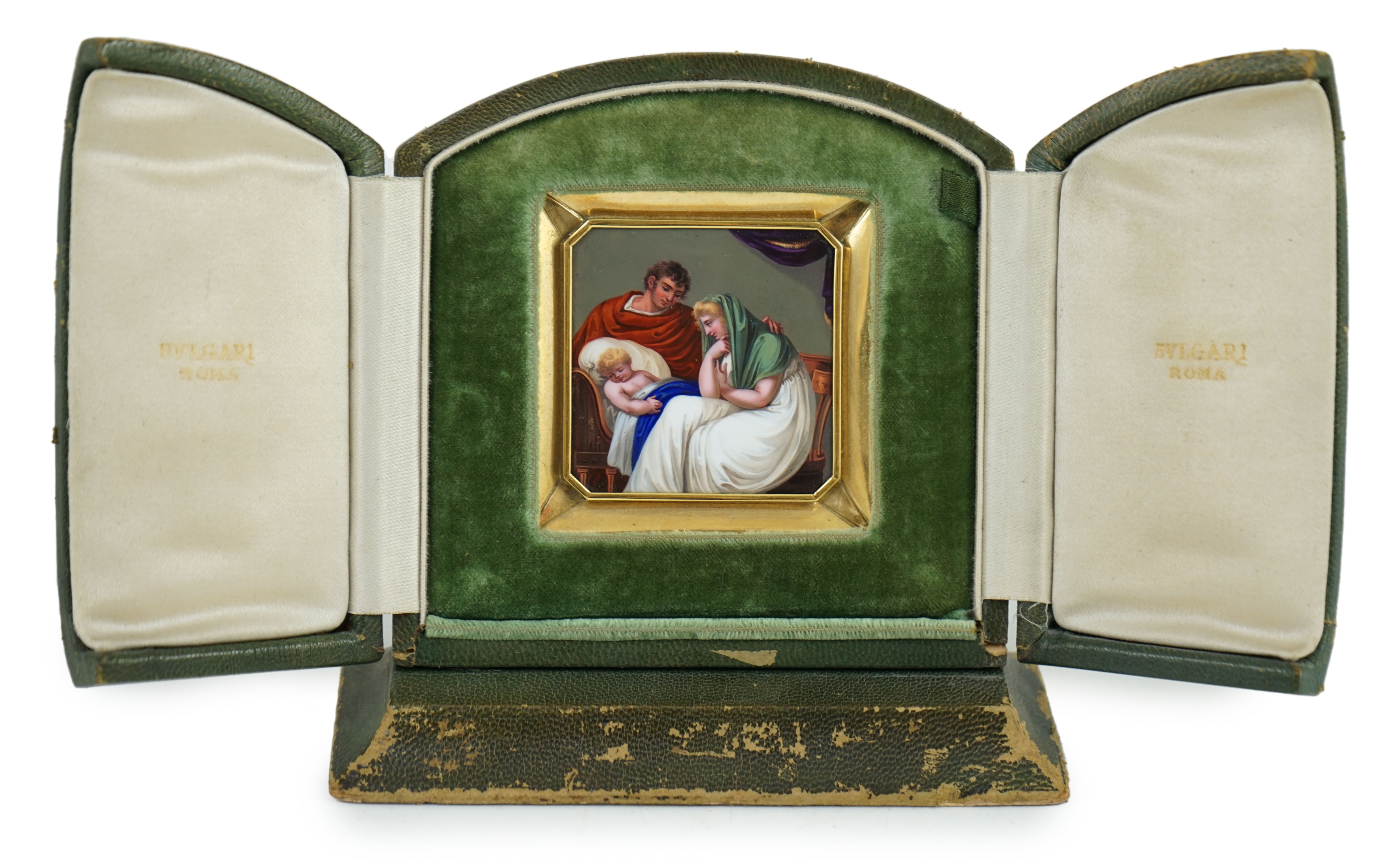 A 19th century Italian 18K gold and enamel plaque icon, Bulgari, c.1820, plaque width 6cm, height 6cm, case width 12cm, height 12.5cm